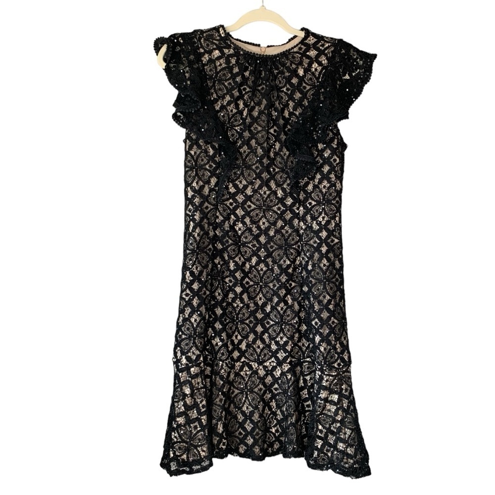 Maia gorgeous LBD black sequined lace overlay dress with ruffle sleeves. Size 4‎